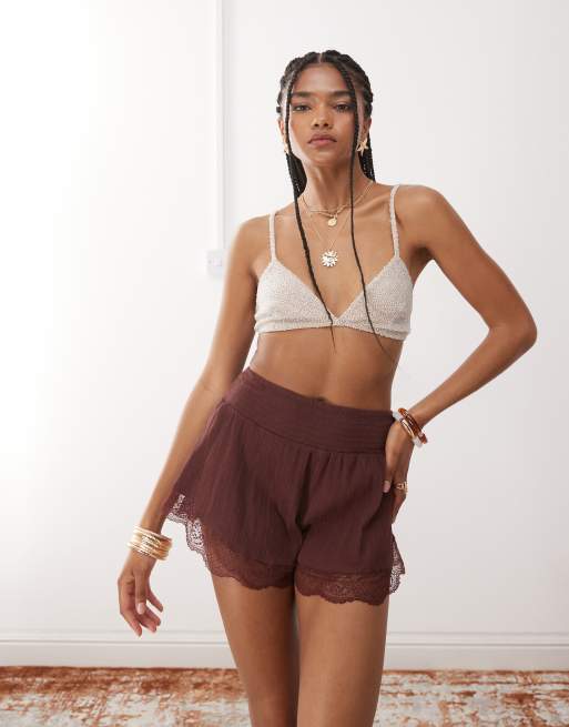 Miss Selfridge beach shorts with lace detail in chocolate, 4 of 5