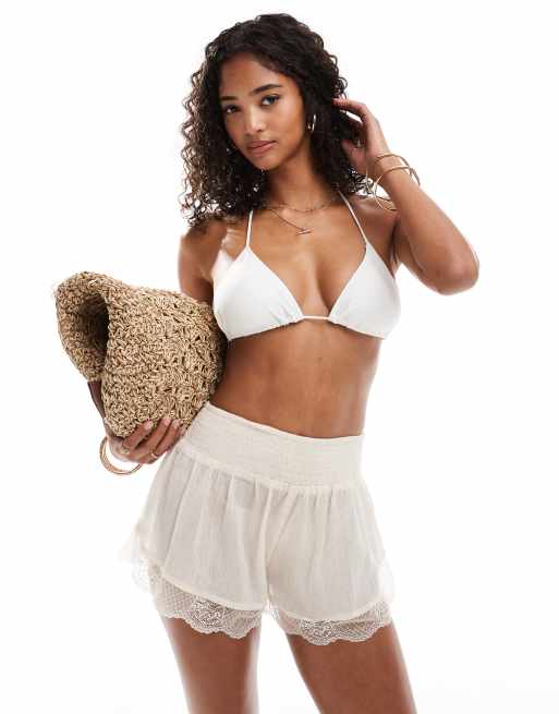 Miss Selfridge beach shorts with lace details in cream