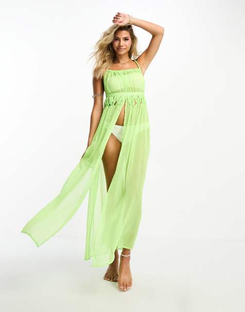 Miss Selfridge beach strappy braid detail split front maxi dress in washed neon lime - view 1