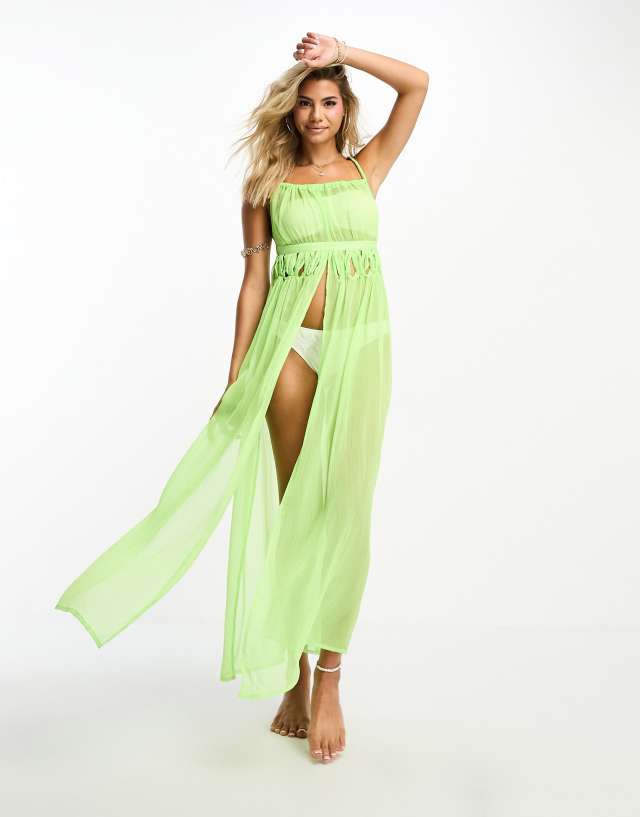 Miss Selfridge beach strappy braid detail split front maxi dress in washed neon lime