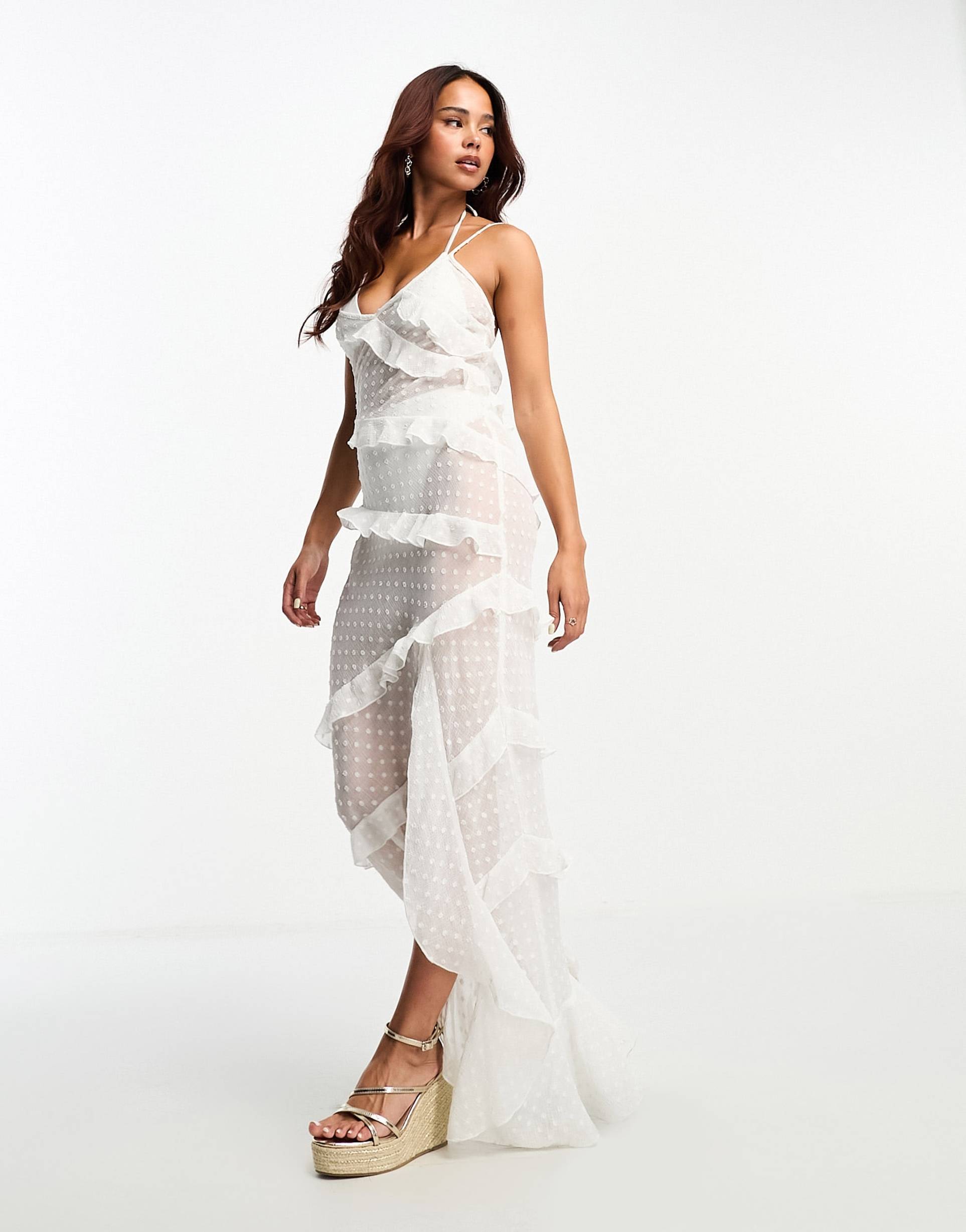 miss selfridge beach textured chiffon bias ruffle side split maxi dress in cream