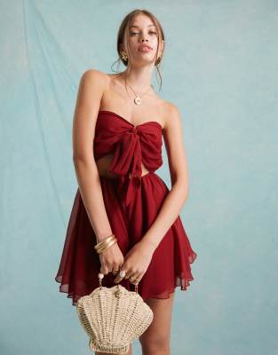 Miss Selfridge Beach Textured Chiffon Tie Front Romper In Red