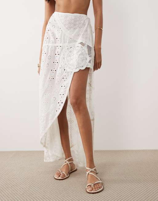 Miss Selfridge beach tie side broderie patchwork maxi skirt in cream, 2 of 5