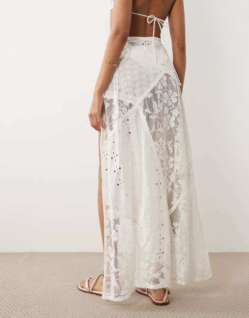 Miss Selfridge beach tie side broderie patchwork maxi skirt in cream, 5 of 5