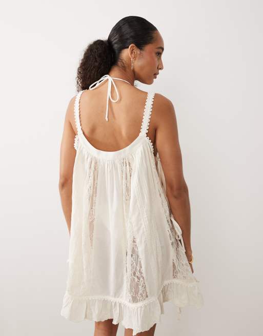 Miss Selfridge beach tie side lace embroidered mini dress in cream, 3 of 4