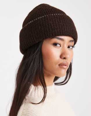 Miss Selfridge Miss Selfridge beanie hat with blanket stitch detail in chocolate with cream stitching-Red