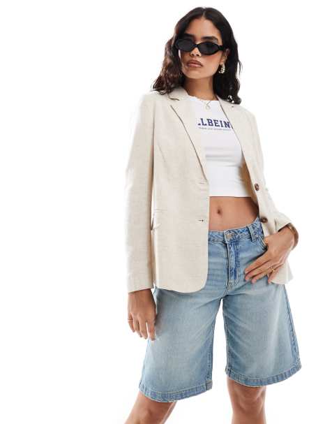 Miss Selfridge – Beige, avslappnad kavaj i slubvävd linnemix - view 1