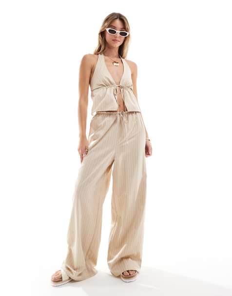 Miss Selfridge - Beige og afslappede bukser med vidde og nålestriber i poplin - Del af sæt - view 1