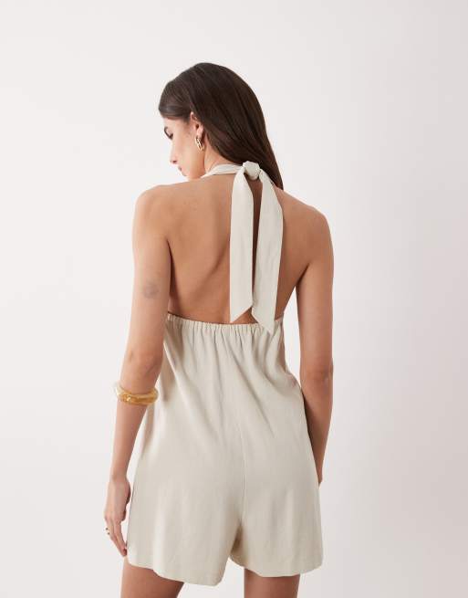 Miss Selfridge - Beige playsuit i hørlook med halterneck, 4 af 4