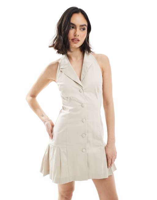 Miss Selfridge - Beige skræddersyet minikjole med halterneck, 4 af 4