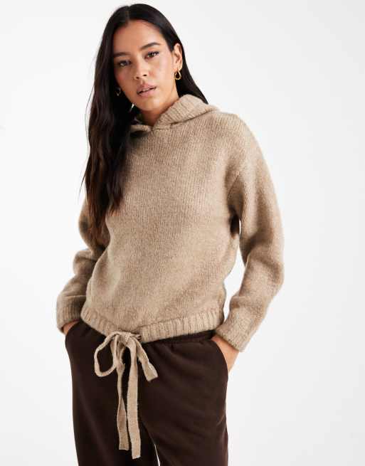 Miss Selfridge - Beige strikket trøje med hætte og bindebånd, 2 af 4