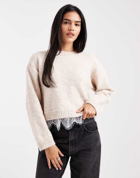 Miss Selfridge - Beige striktrøje med blondekant - view 1
