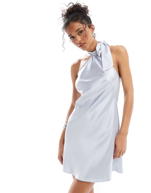 Miss Selfridge – Błękitna satynowa sukienka mini z dekoltem halter