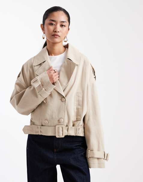 Miss Selfridge belted cropped trench jacket in stone wash - view 1