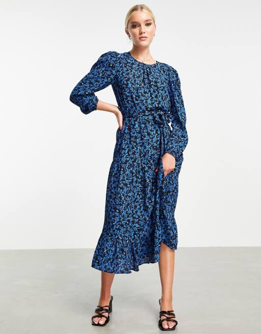 Miss Selfridge belted midi dress in blue ditsy | ASOS