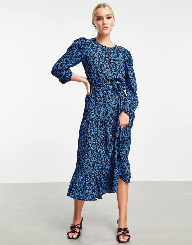 Miss Selfridge belted midi dress in blue ditsy