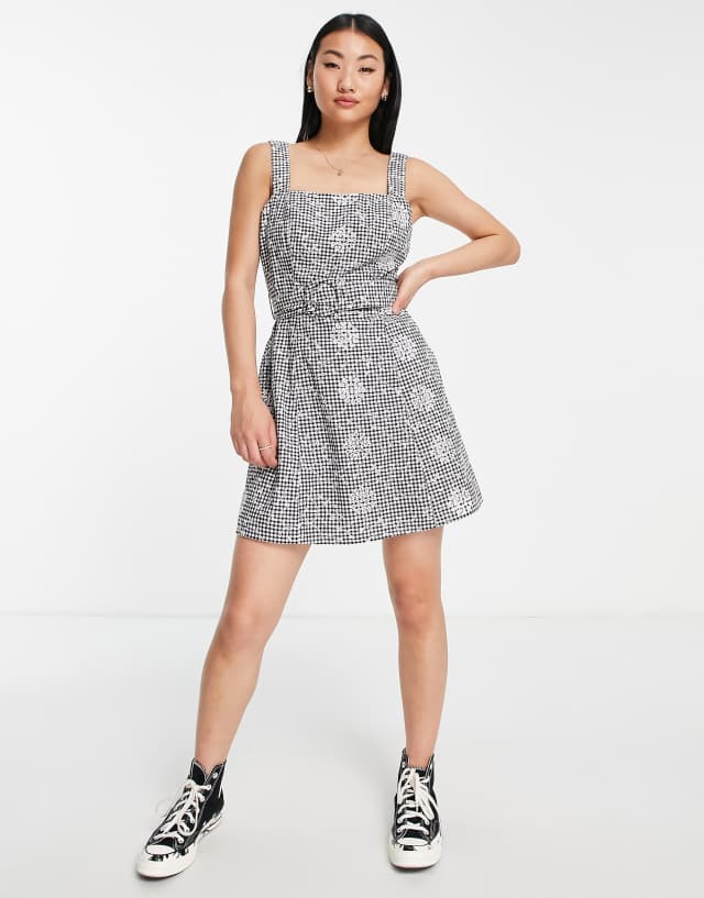 Miss Selfridge belted mini dress in embroidered mono gingham