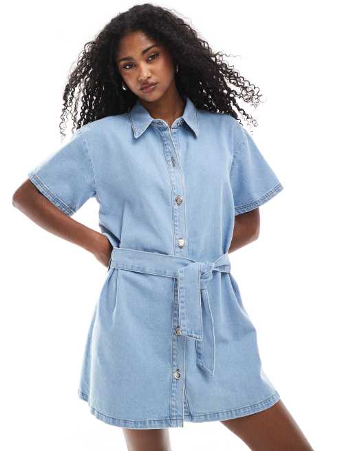 belted short dress with pockets BELTED POCKET SHORT DRESS - Sky blue