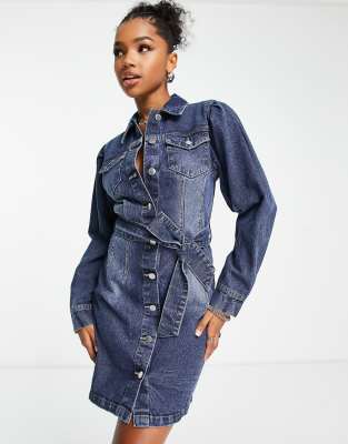 Miss Selfridge belted shirt dress in mid wash-Blue