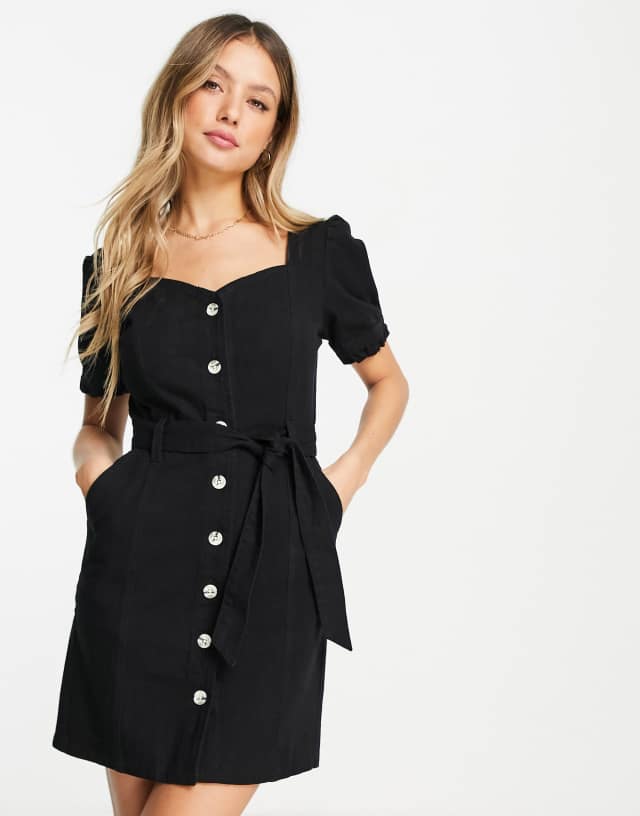 Miss Selfridge belted sweetheart neckline dress in black