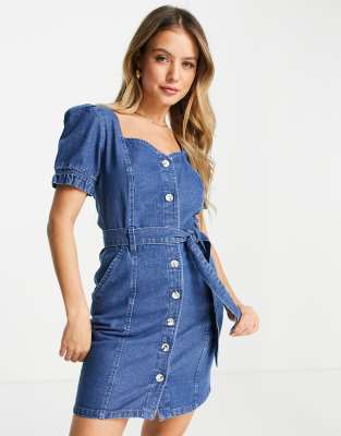 Miss Selfridge belted sweetheart neckline dress in midwash blue | ASOS