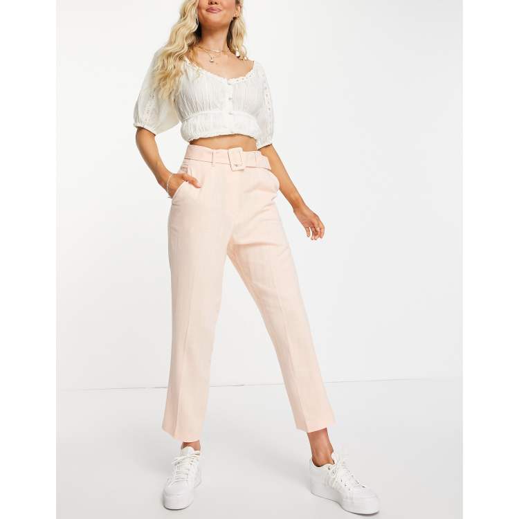 Miss Selfridge belted tapered leg linen blend pants in peach