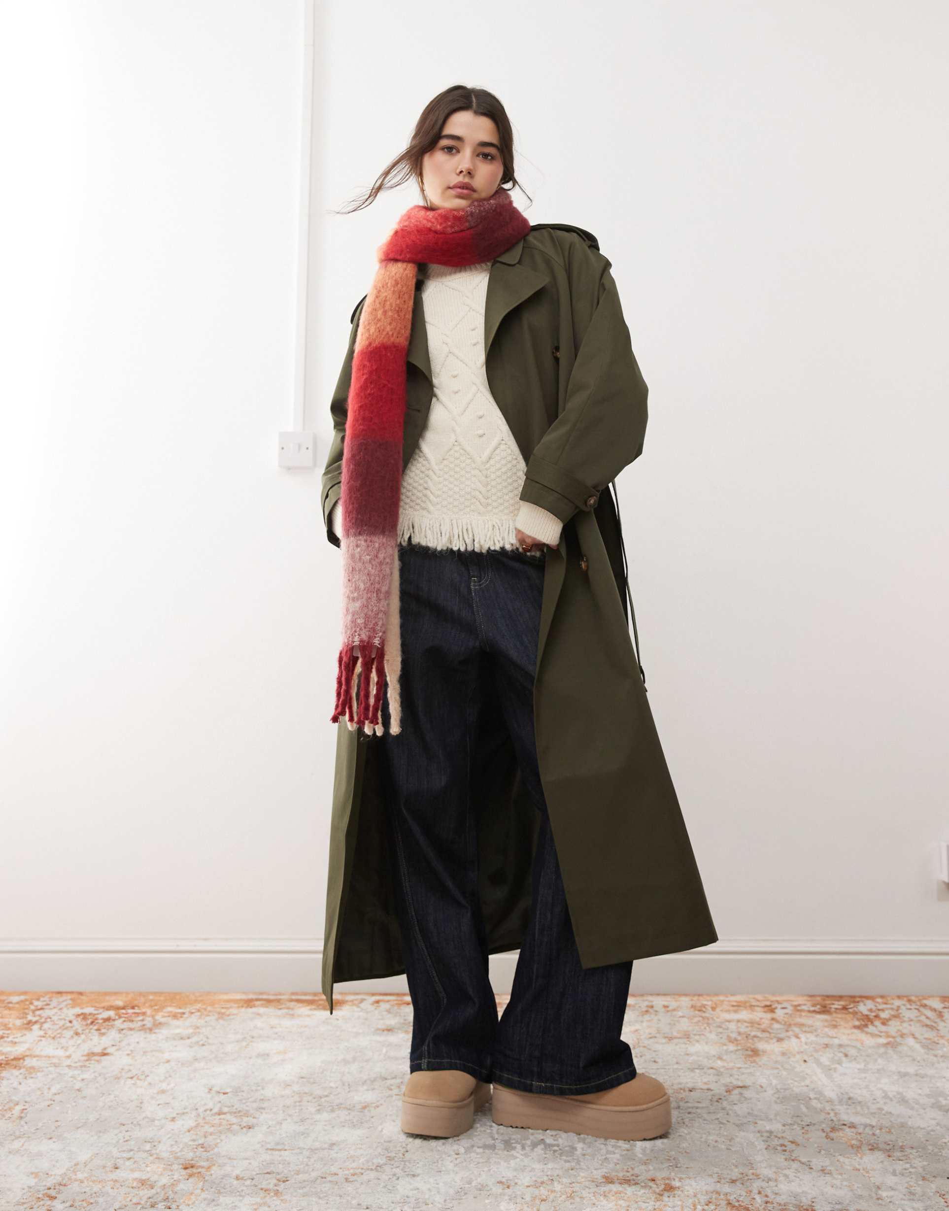 miss selfridge belted trench coat in khaki