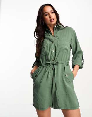 Miss Selfridge Belted Utility Romper In Sage-green