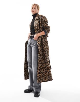 belted wrap formal coat in leopard print-Multi