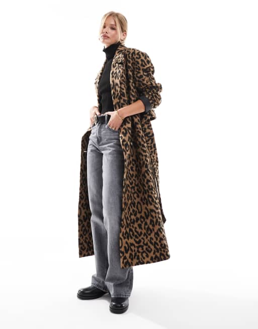 Miss Selfridge belted wrap formal coat in leopard print ASOS