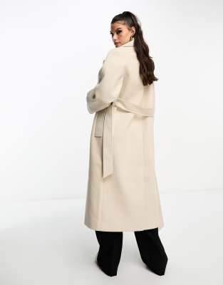 Miss Selfridge belted wrap maxi coat in stone