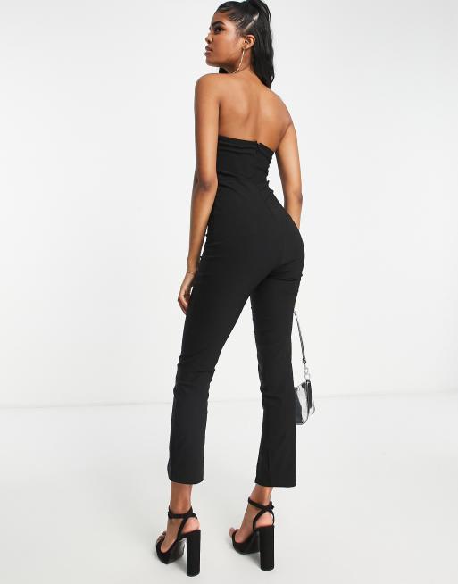 ASOS LUXE kick flare jumpsuit with textured tie shoulder detail in