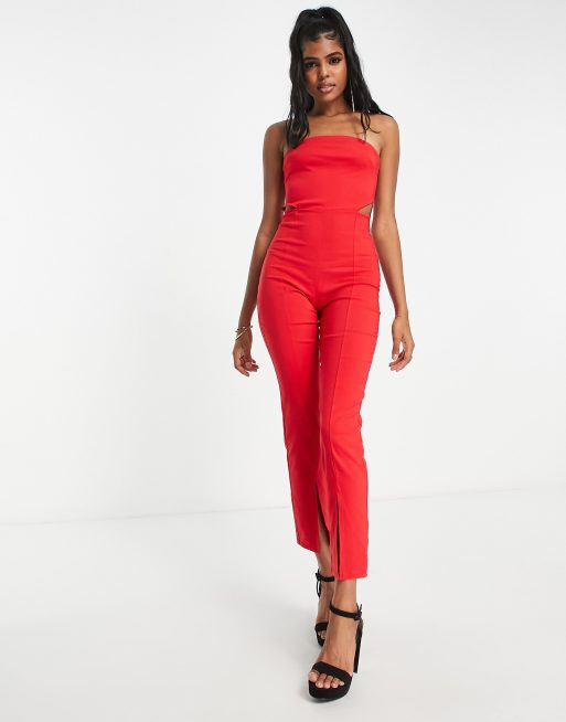 Miss Selfridge bengaline cut out jumpsuit in red ASOS