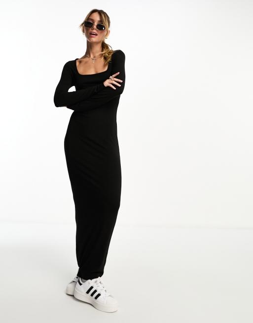 Miss Selfridge – Besonders weiches, langärmliges Maxikleid in Schwarz mit eckigem Ausschnitt