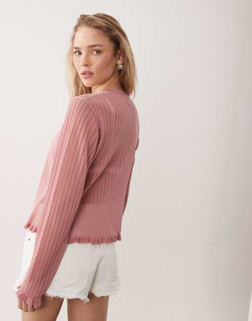 Miss Selfridge – Bestickte, transparente Strickjacke in Rosa, 4 von 4