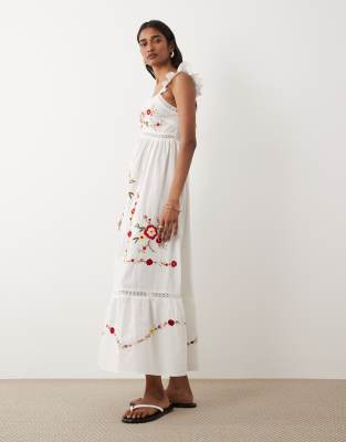 Besticktes Maxikleid in Weiß mit Spitzeneinsatz Weiß 44