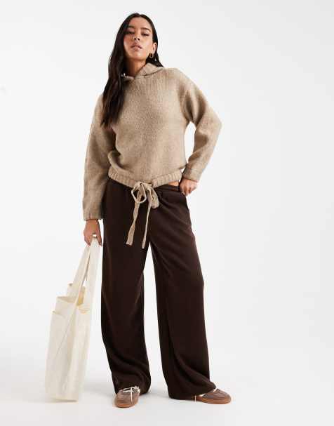 Miss Selfridge knitted tie hooded jumper in beige