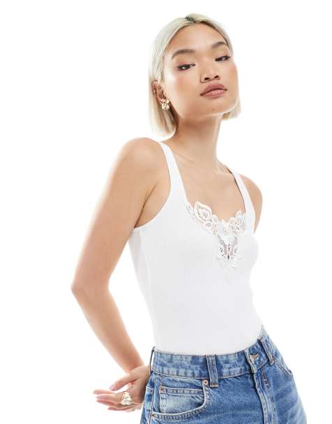 Miss Selfridge lace insert bodysuit in white