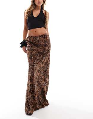 bias cut maxi skirt in animal print-Brown