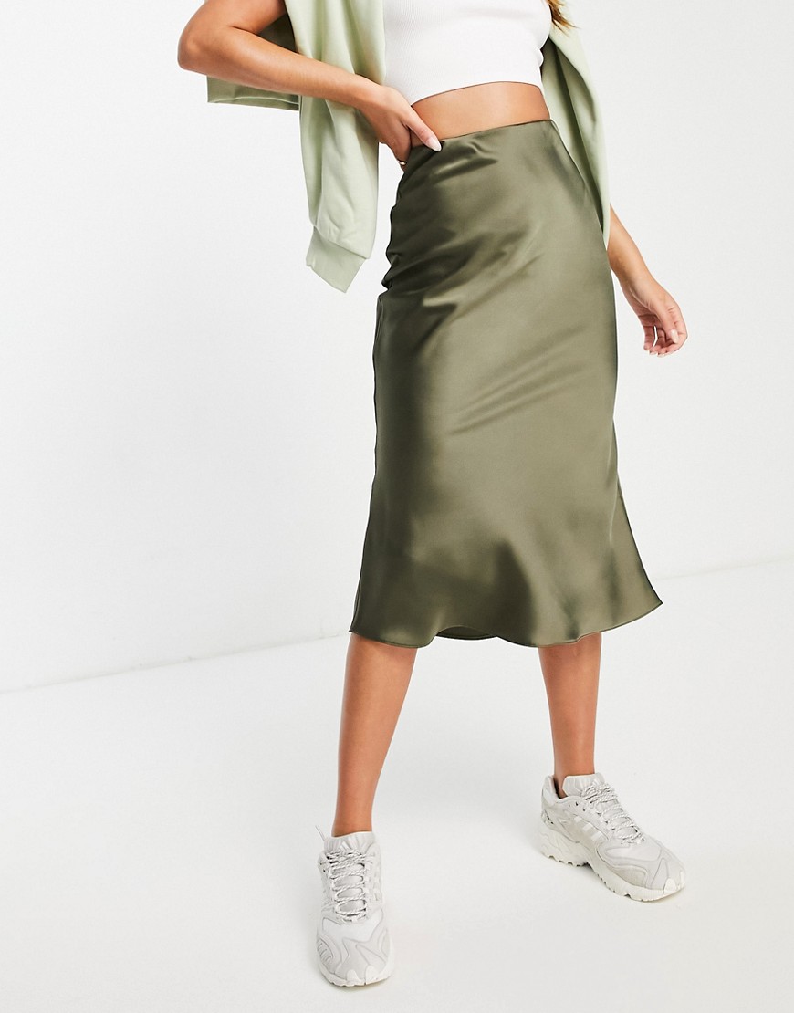 Miss Selfridge bias cut satin midi skirt in khaki-Green