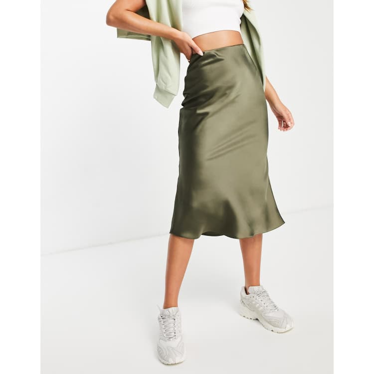 Satin bias cut sale midi skirt khaki