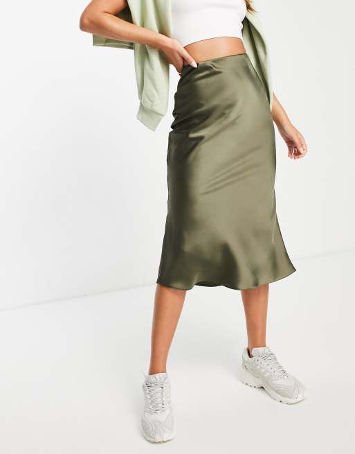 Miss Selfridge bias cut satin midi skirt in khaki | ASOS