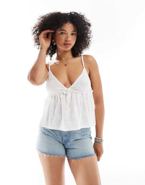 Miss Selfridge jersey broderie cami peplum top in white