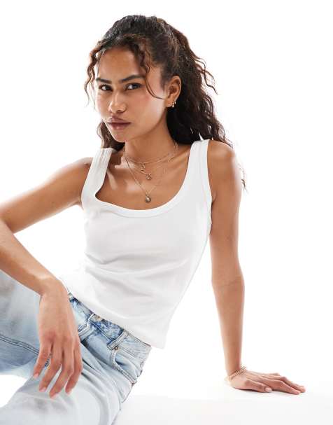 Miss Selfridge ribbed scoop tank top  in white