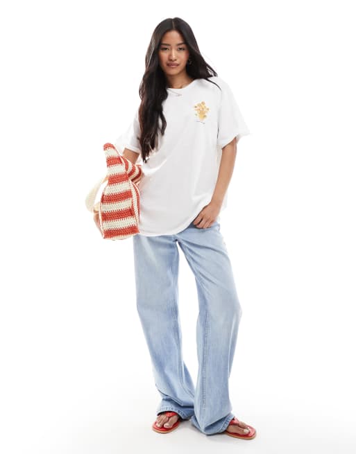 Miss Selfridge – Biały T-shirt oversize z nadrukiem ze słonecznikami, 3 z 4