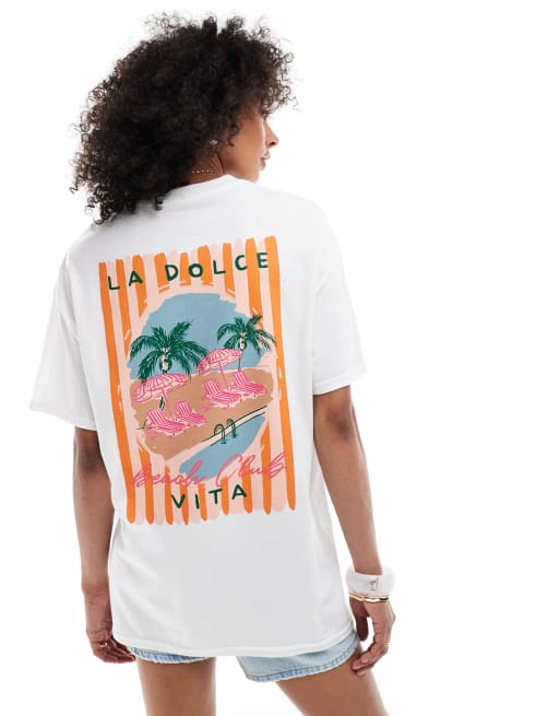 Miss Selfridge – Biały T-shirt z letnią grafiką z napisem „Dolce Vita“