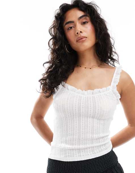 Miss Selfridge broderie trim pointelle cami top in cream