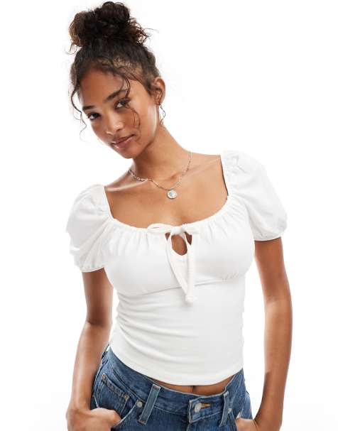 Miss Selfridge – Biały, wiązany z przodu top typu milkmaid - view 1