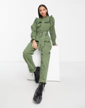 Topshop utility pocket casual jumpsuit in khaki