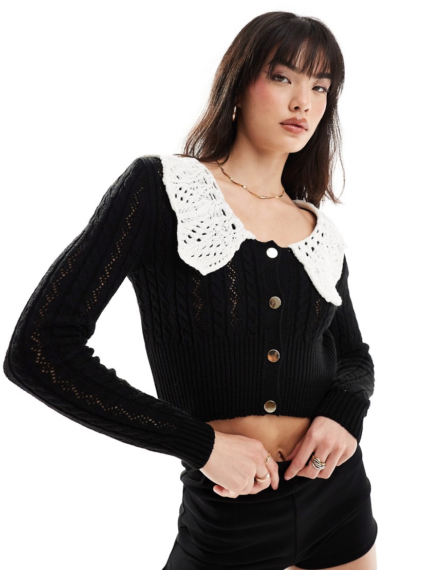 Miss Selfridge Big Collar Detail Knit Cardigan In Black